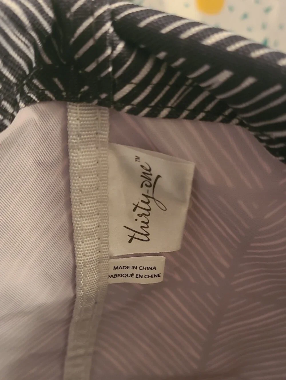 thirty-one Tote with Black & White Striped Trim and Lavender Interior